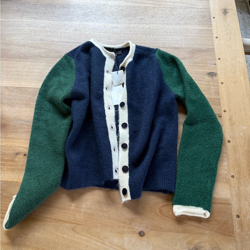 Zara Colorblock Button-Front Cardigan - Navy, Green & Cream